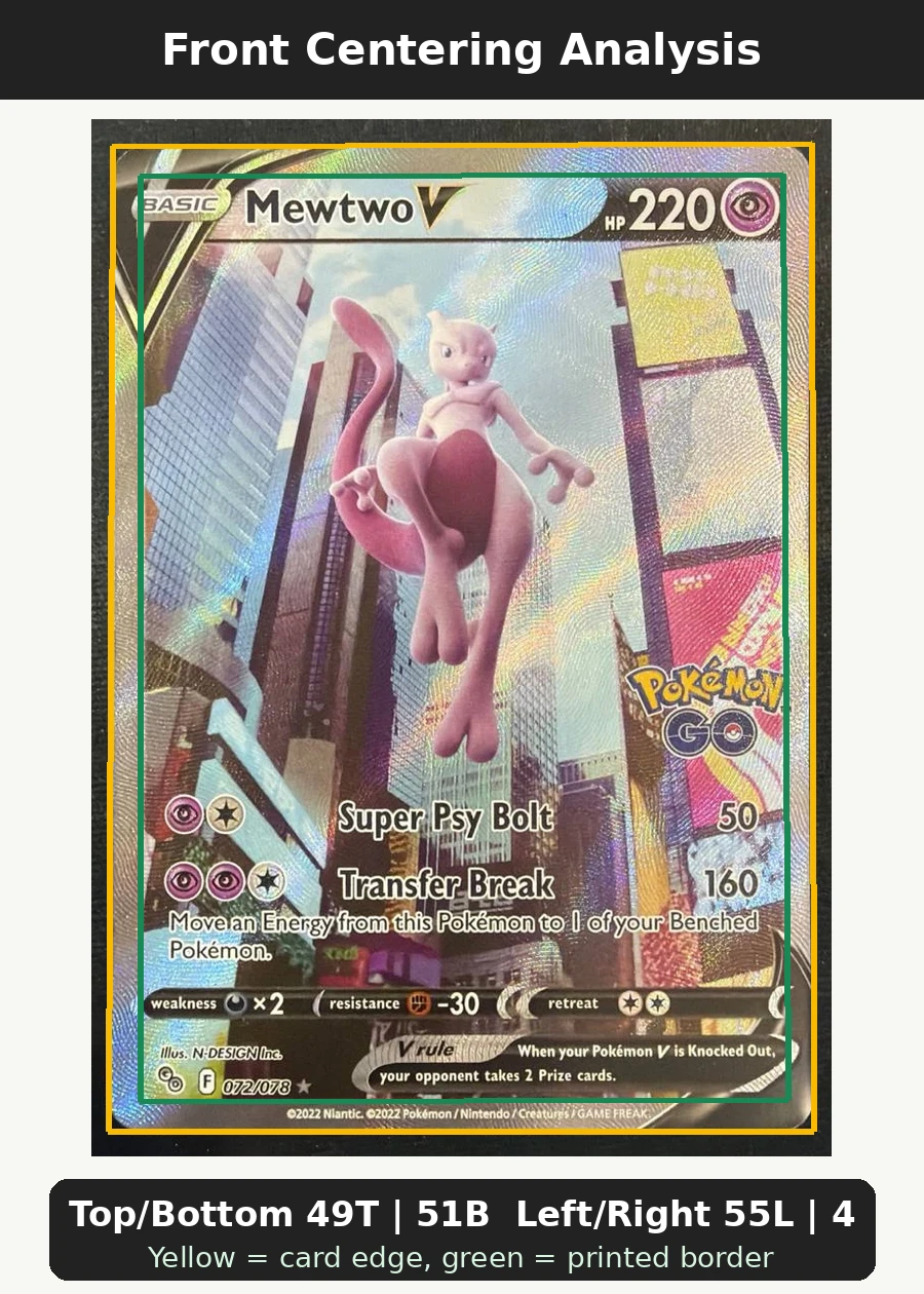 Mewtwo V 072/78 Pokémon GO front centering analysis showing Top/Bottom 49T | 51B and Left/Right 55L | 45R.