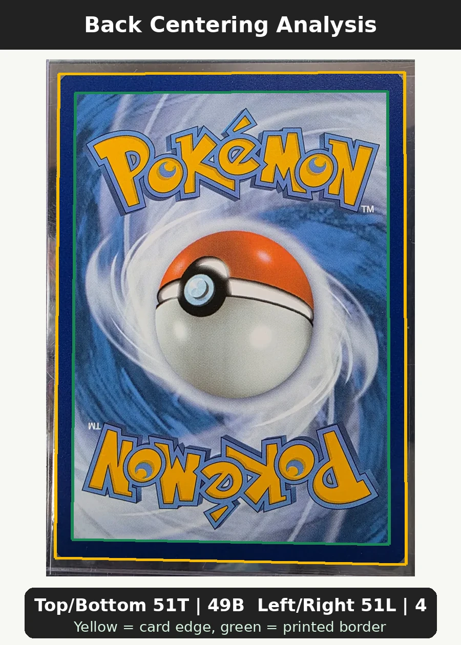 Charmander 044/225 SVP Black Star Promos back centering analysis showing Top/Bottom 51T | 49B and Left/Right 51L | 49R.