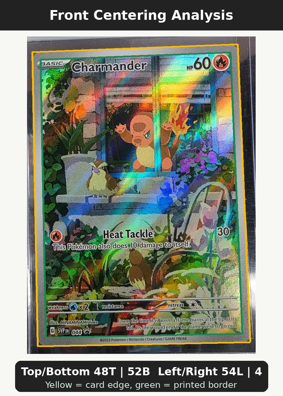 Charmander 044/225 SVP Black Star Promos front centering analysis showing Top/Bottom 48T | 52B and Left/Right 54L | 46R.