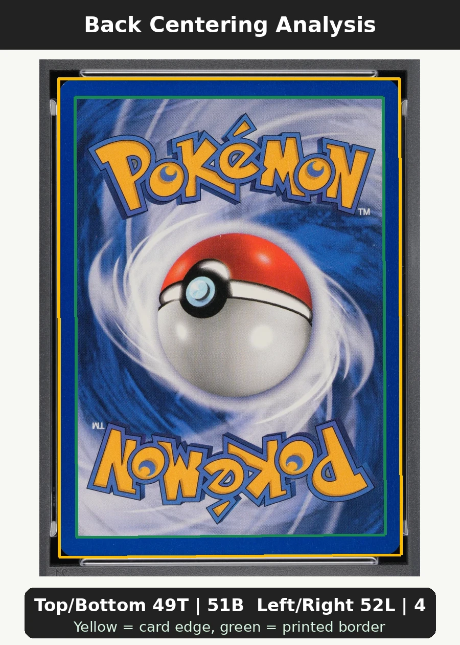 Dark Blastoise 003/82 Team Rocket back centering analysis showing Top/Bottom 49T | 51B and Left/Right 52L | 48R.