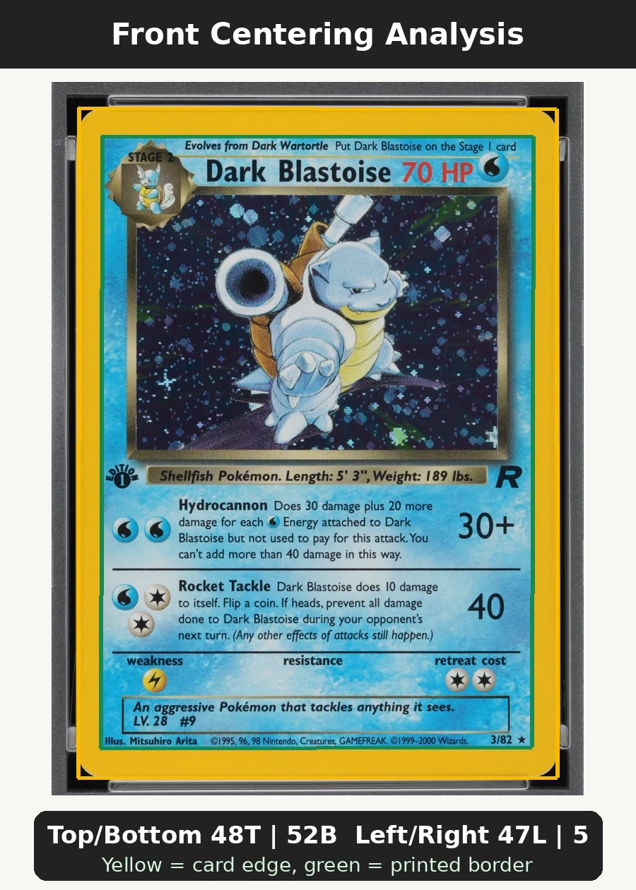 Dark Blastoise 003/82 Team Rocket front centering analysis showing Top/Bottom 48T | 52B and Left/Right 47L | 53R.