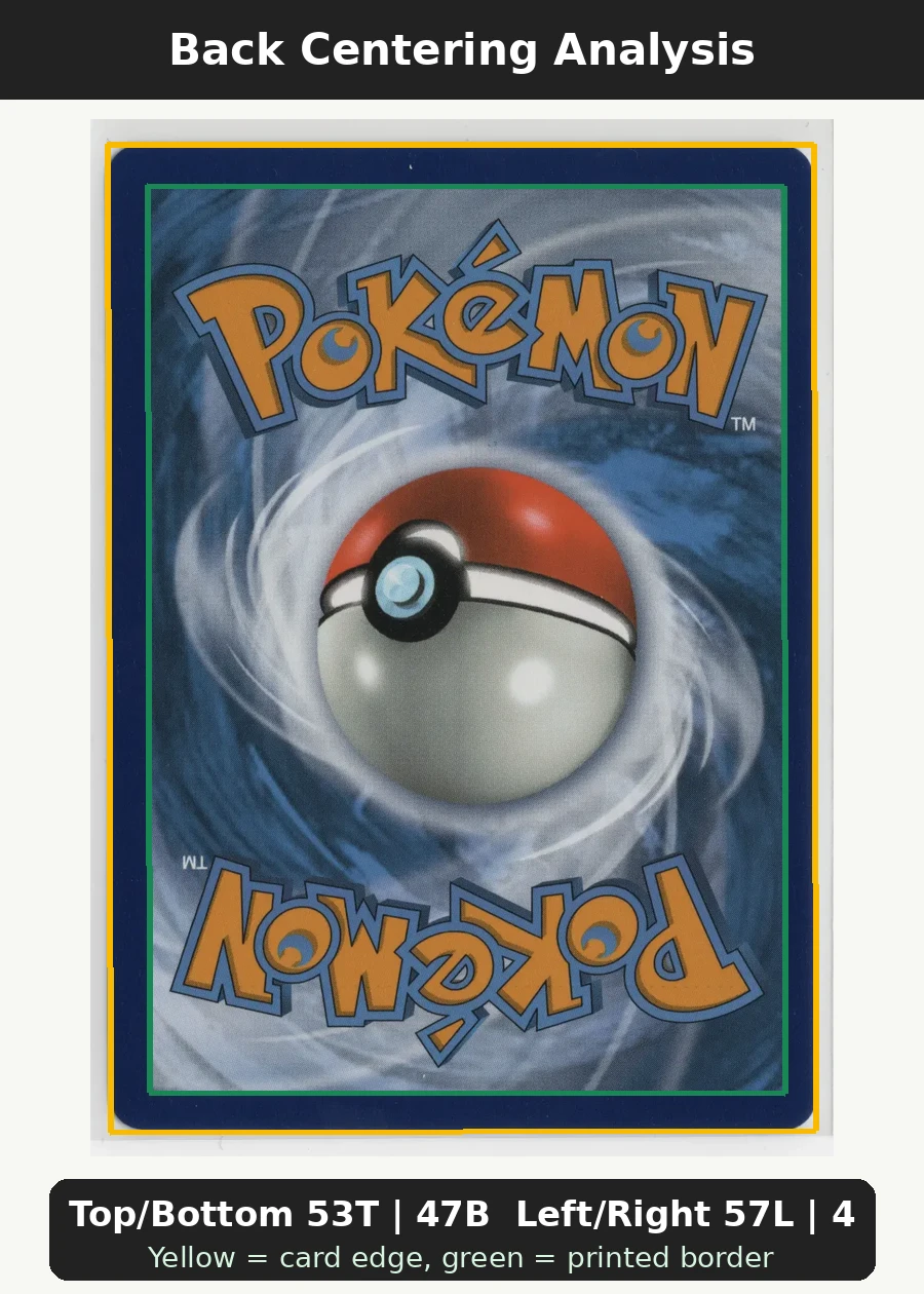 Togepi & Cleffa & Igglybuff GX 143a Alternate Art Promos back centering analysis showing Top/Bottom 53T | 47B and Left/Right 57L | 43R.