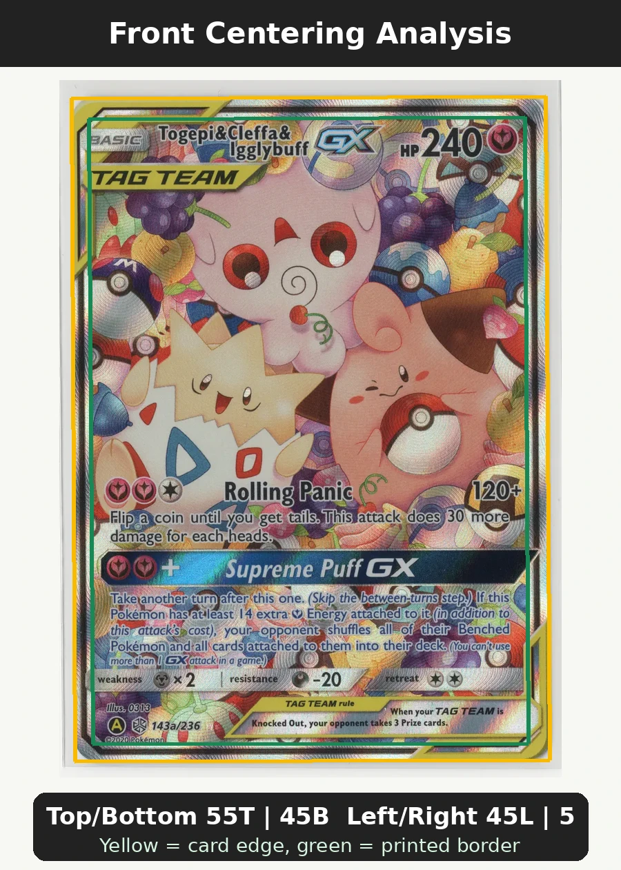 Togepi & Cleffa & Igglybuff GX 143a Alternate Art Promos front centering analysis showing Top/Bottom 55T | 45B and Left/Right 45L | 55R.