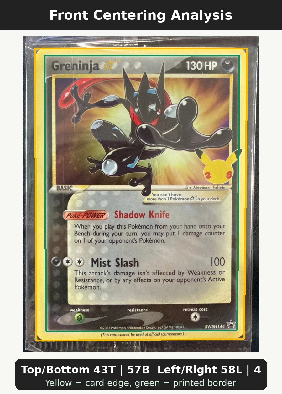 Greninja {star} SWSH144/307 SWSH Black Star Promos front centering analysis showing Top/Bottom 43T | 57B and Left/Right 58L | 42R.