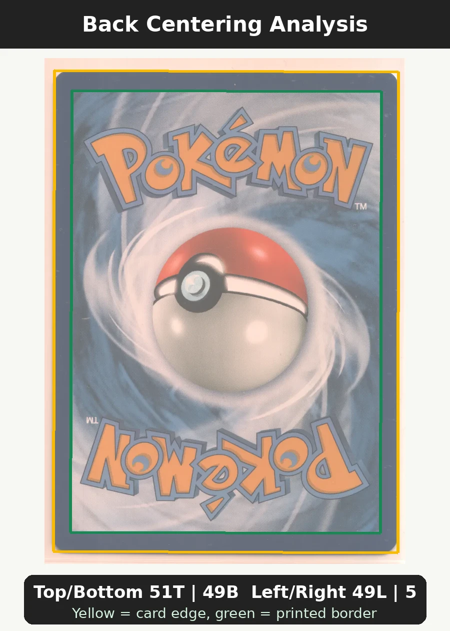 Pikachu with Grey Felt Hat 085/225 SVP Black Star Promos back centering analysis showing Top/Bottom 51T | 49B and Left/Right 49L | 51R.