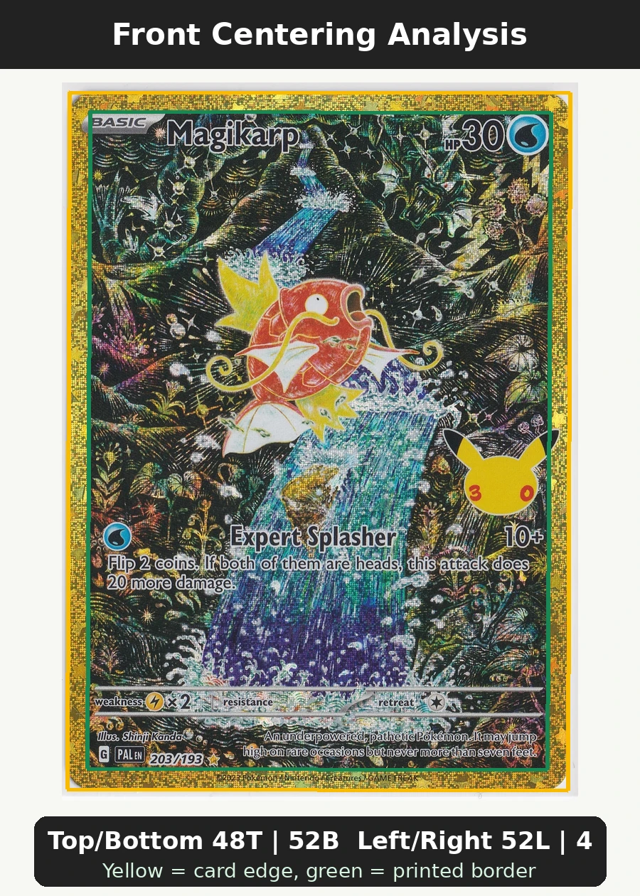 Magikarp 203 30th Classic Collection front centering analysis showing Top/Bottom 48T | 52B and Left/Right 52L | 48R.