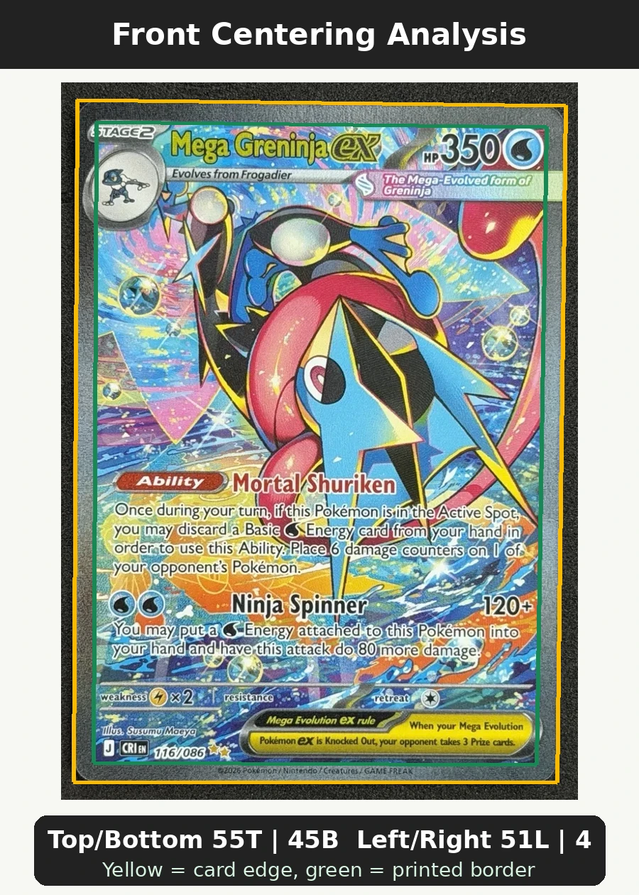 Mega Greninja ex 116/86 Chaos Rising front centering analysis showing Top/Bottom 55T | 45B and Left/Right 51L | 49R.