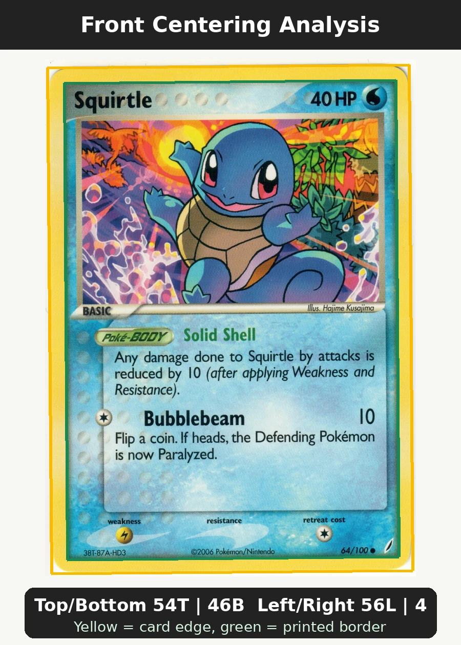 Squirtle 064/100 Crystal Guardians front centering analysis showing Top/Bottom 54T | 46B and Left/Right 56L | 44R.