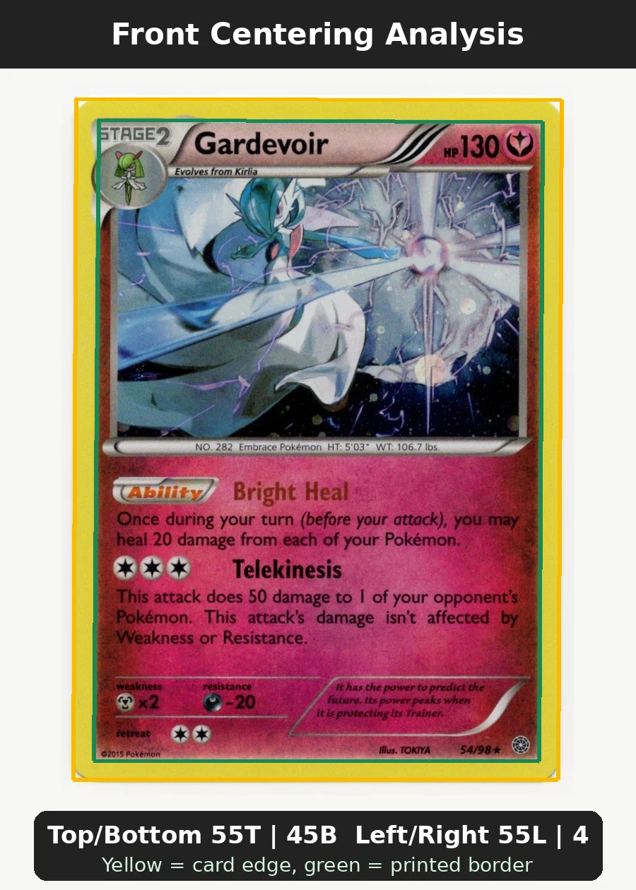 Gardevoir 054 Blister Exclusives front centering analysis showing Top/Bottom 55T | 45B and Left/Right 55L | 45R.