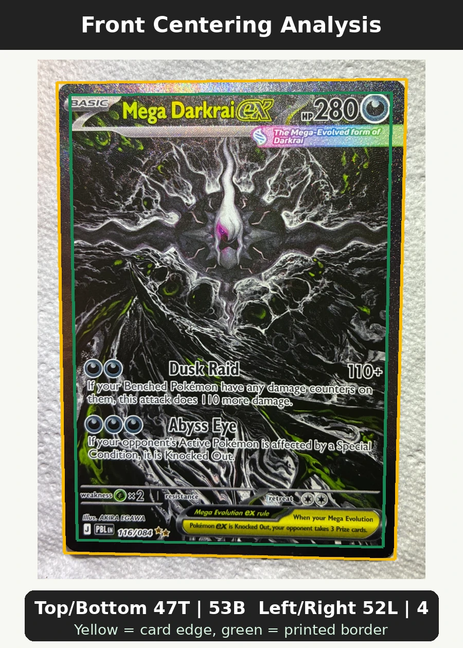 Mega Darkrai ex 116/84 Pitch Black front centering analysis showing Top/Bottom 47T | 53B and Left/Right 52L | 48R.