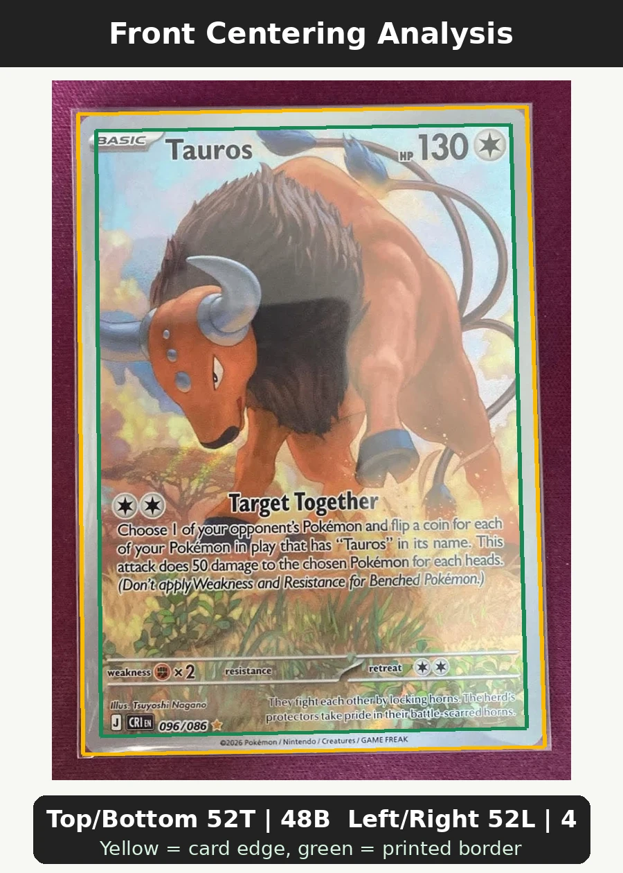 Tauros 096/86 Chaos Rising front centering analysis showing Top/Bottom 52T | 48B and Left/Right 52L | 48R.