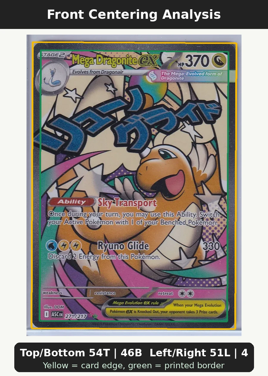 Mega Dragonite ex 271/217 Ascended Heroes front centering analysis showing Top/Bottom 54T | 46B and Left/Right 51L | 49R.