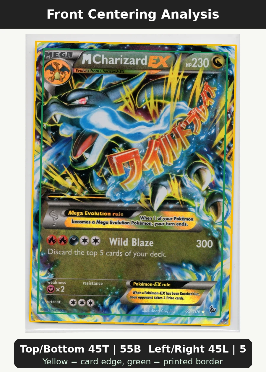 M Charizard EX 069/106 Flashfire front centering analysis showing Top/Bottom 45T | 55B and Left/Right 45L | 55R.