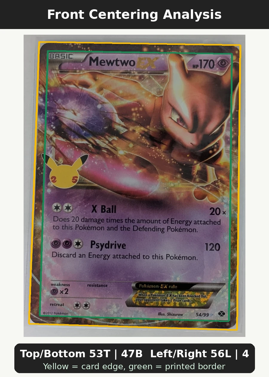 Mewtwo-EX 054/99 Next Destinies front centering analysis showing Top/Bottom 53T | 47B and Left/Right 56L | 44R.