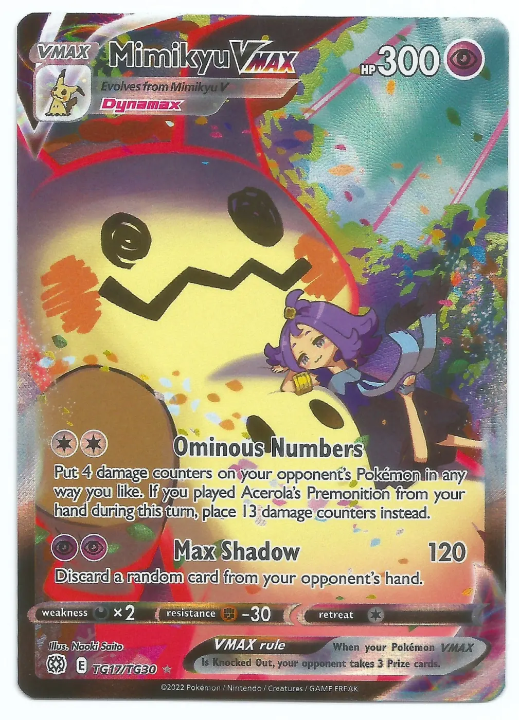 Mimikyu VMAX TG17/172 Brilliant Stars front card photo in PokeToGrade pregrading report