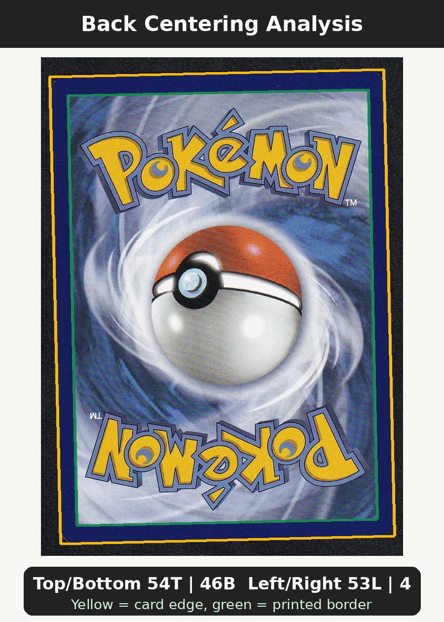 Rotom 197/182 Destined Rivals back centering analysis showing Top/Bottom 54T | 46B and Left/Right 53L | 47R.