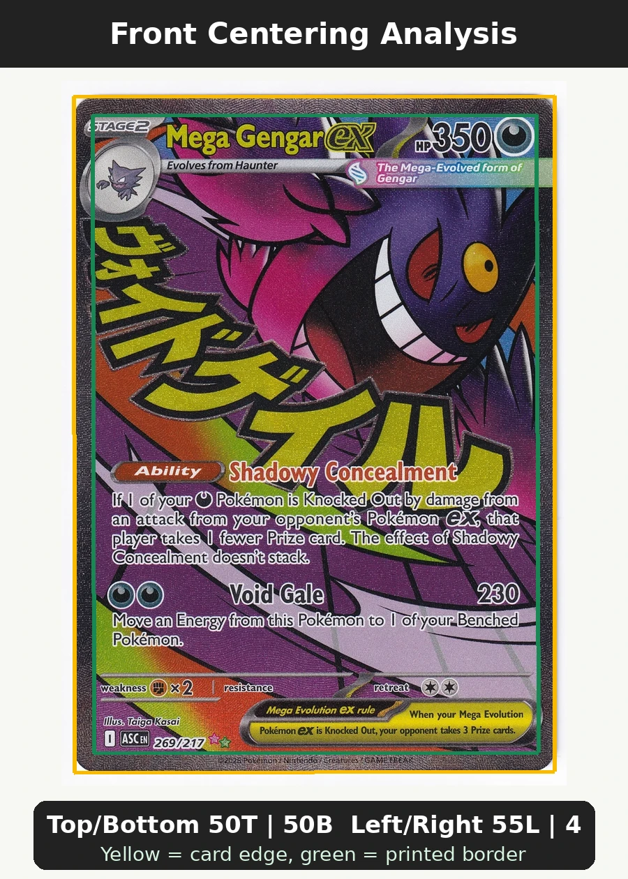 Mega Gengar ex 269/217 Ascended Heroes front centering analysis showing Top/Bottom 50T | 50B and Left/Right 55L | 45R.