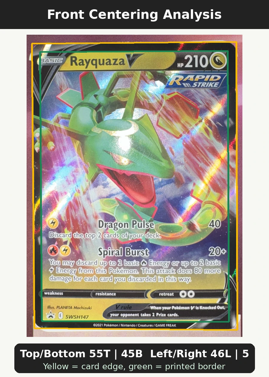 Rayquaza V SWSH147/307 SWSH Black Star Promos front centering analysis showing Top/Bottom 55T | 45B and Left/Right 46L | 54R.