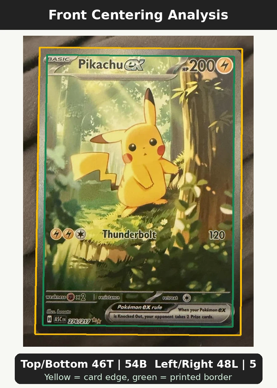 Pikachu ex 276/217 Ascended Heroes front centering analysis showing Top/Bottom 46T | 54B and Left/Right 48L | 52R.