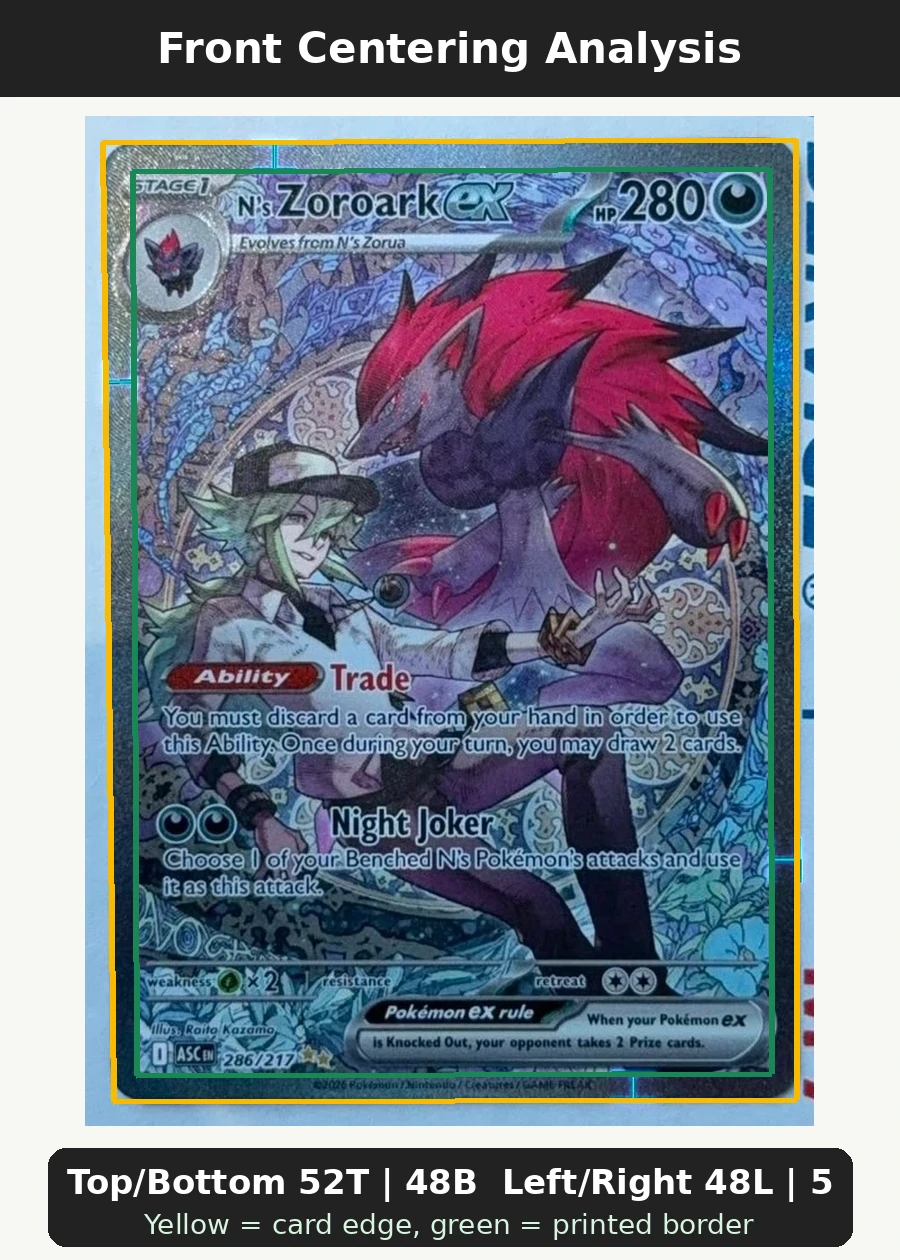 N's Zoroark ex 286/217 Ascended Heroes front centering analysis showing Top/Bottom 52T | 48B and Left/Right 48L | 52R.