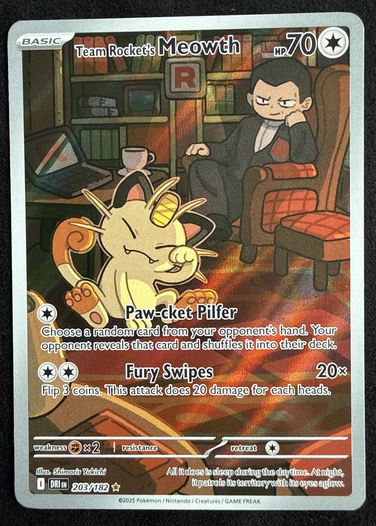 Team Rocket's Meowth 203/182 Destined Rivals front card photo in PokeToGrade pregrading report