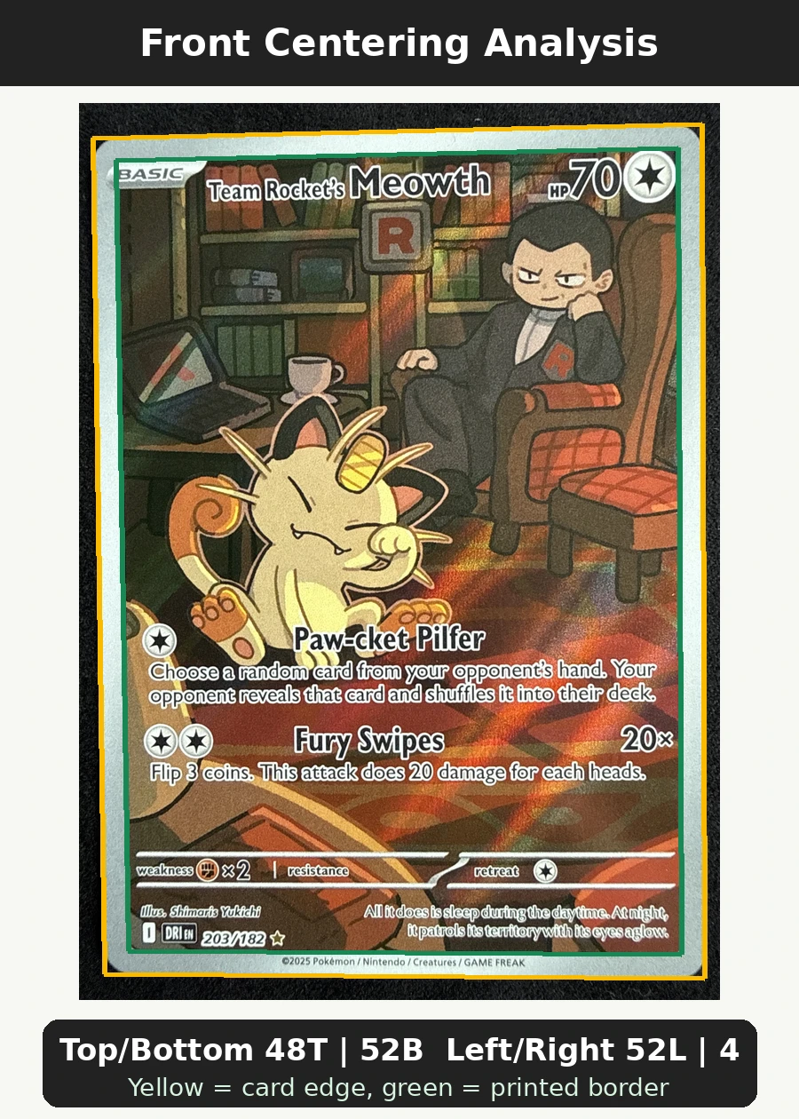 Team Rocket's Meowth 203/182 Destined Rivals front centering analysis showing Top/Bottom 48T | 52B and Left/Right 52L | 48R.