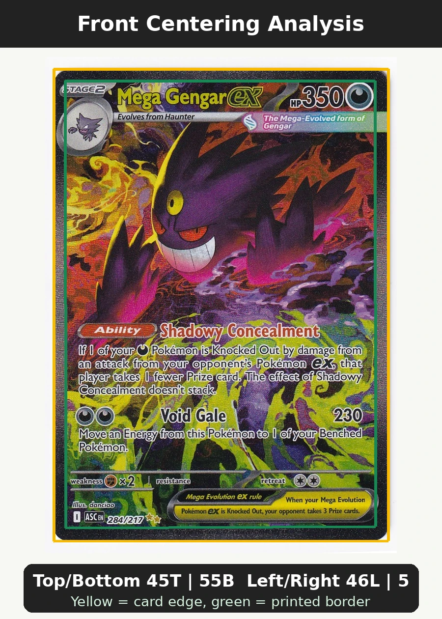Mega Gengar ex 284/217 Ascended Heroes front centering analysis showing Top/Bottom 45T | 55B and Left/Right 46L | 54R.
