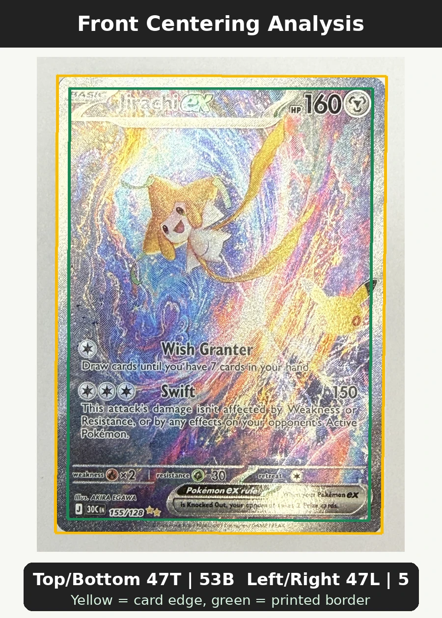 Jirachi ex 155/128 30th Celebration front centering analysis showing Top/Bottom 47T | 53B and Left/Right 47L | 53R.