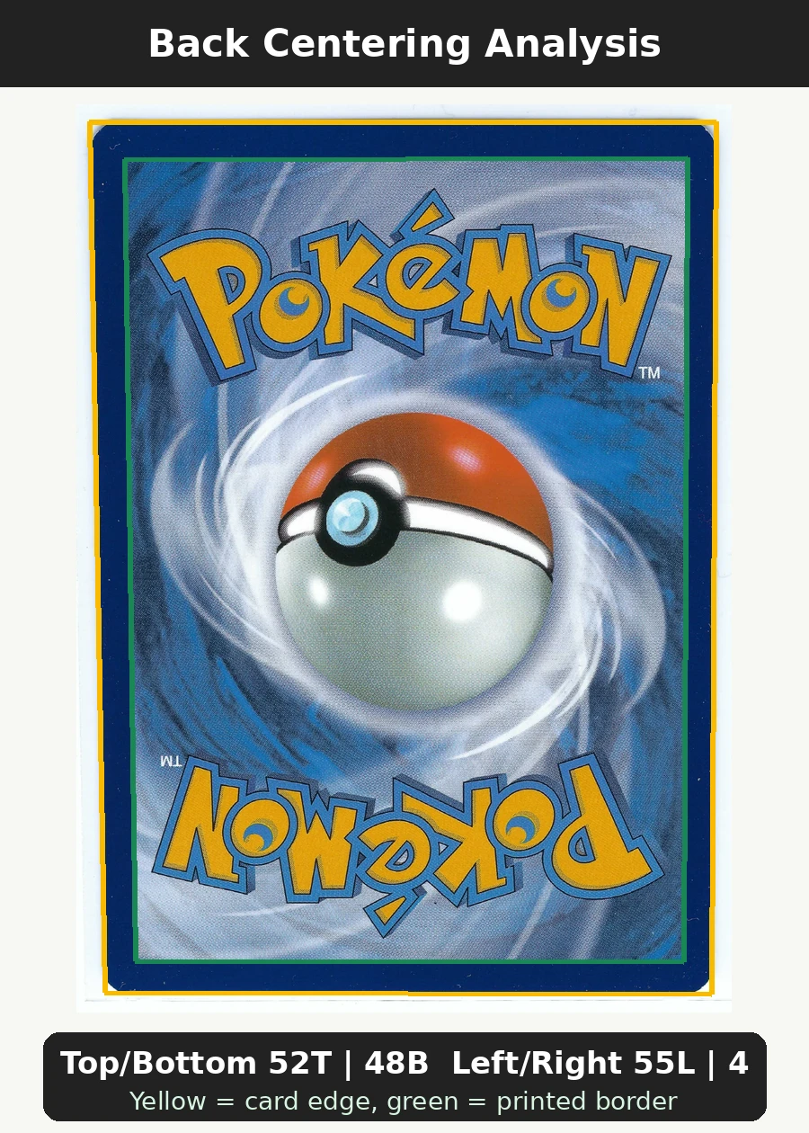 Charizard VSTAR SWSH262/307 SWSH Black Star Promos back centering analysis showing Top/Bottom 52T | 48B and Left/Right 55L | 45R.