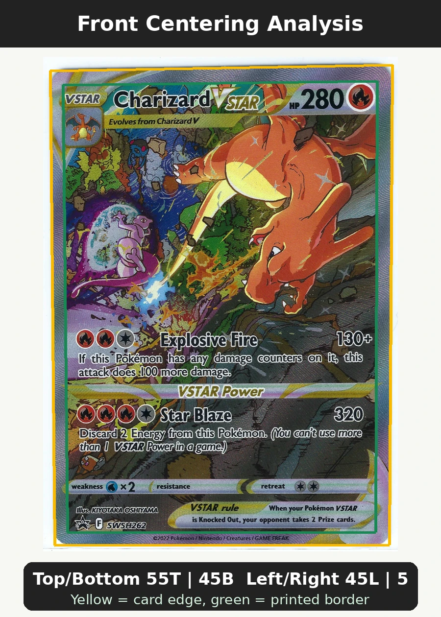 Charizard VSTAR SWSH262/307 SWSH Black Star Promos front centering analysis showing Top/Bottom 55T | 45B and Left/Right 45L | 55R.