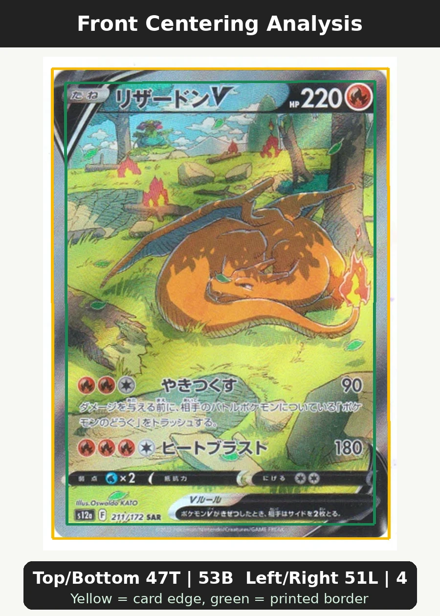 Charizard V SWSH260/307 SWSH Black Star Promos front centering analysis showing Top/Bottom 47T | 53B and Left/Right 51L | 49R.