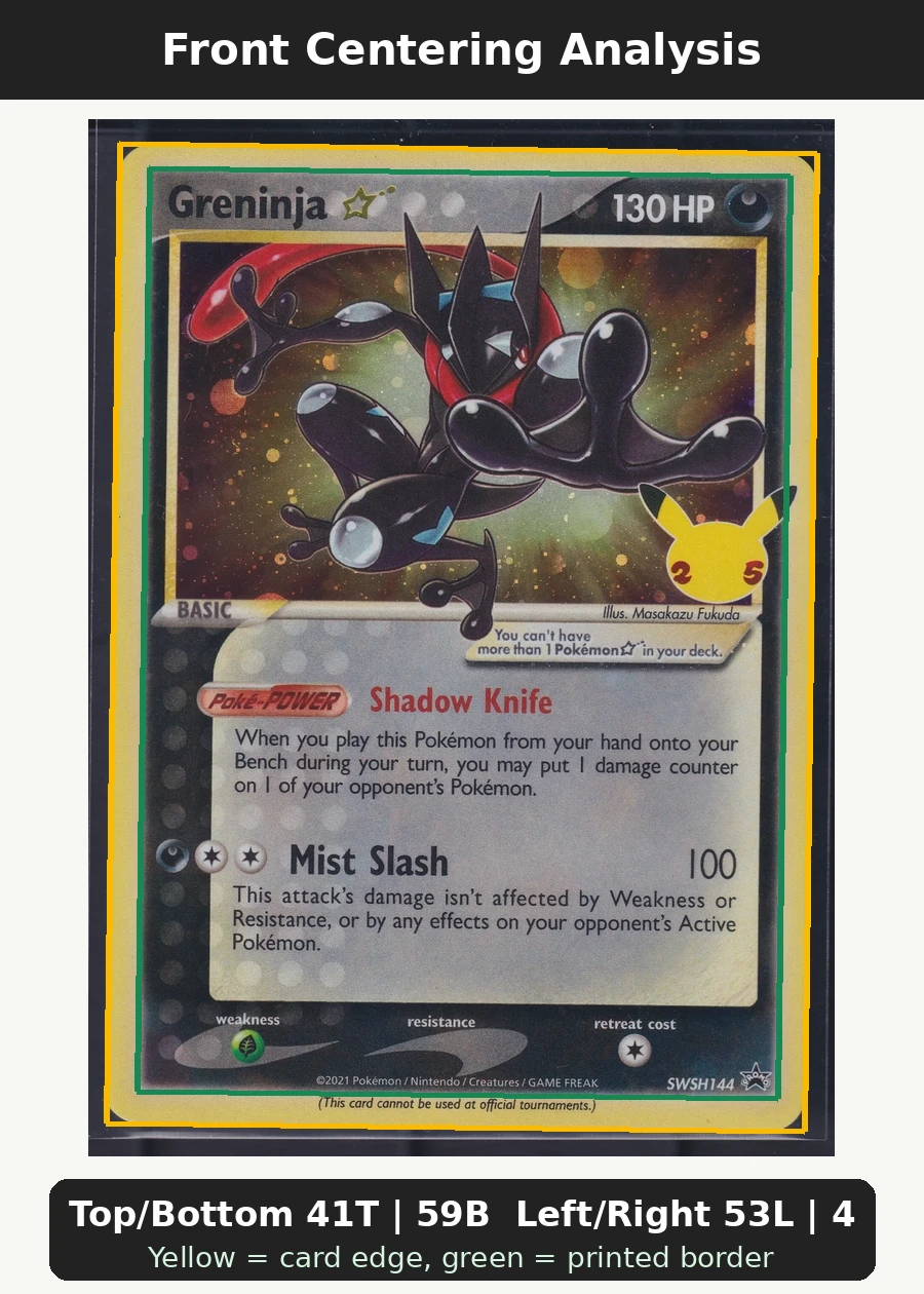 Greninja {star} SWSH144/307 SWSH Black Star Promos front centering analysis showing Top/Bottom 41T | 59B and Left/Right 53L | 47R.