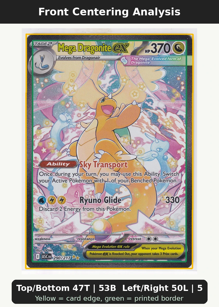 Mega Dragonite ex 290/217 Ascended Heroes front centering analysis showing Top/Bottom 47T | 53B and Left/Right 50L | 50R.