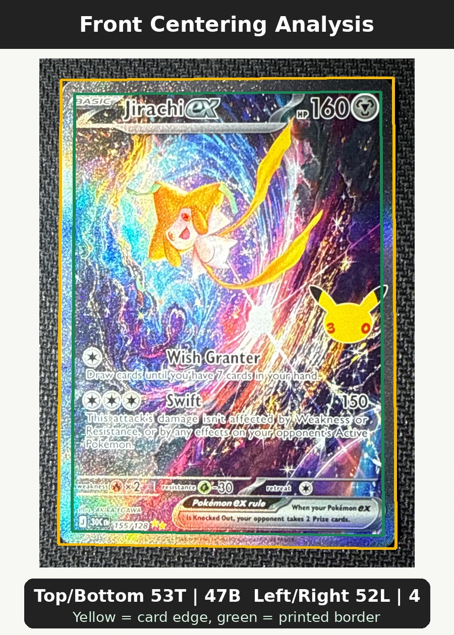 Jirachi ex 155/128 30th Celebration front centering analysis showing Top/Bottom 53T | 47B and Left/Right 52L | 48R.