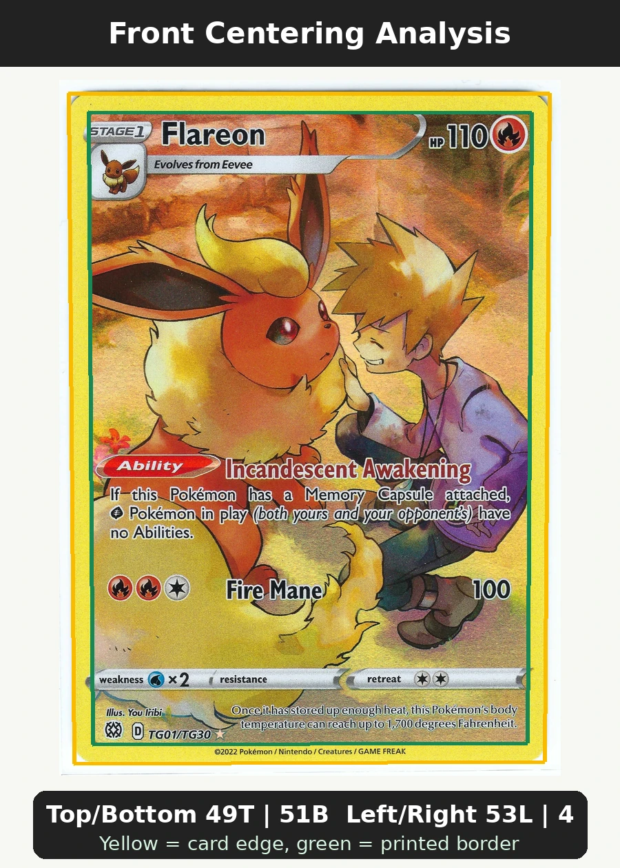 Flareon TG01/172 Brilliant Stars front centering analysis showing Top/Bottom 49T | 51B and Left/Right 53L | 47R.