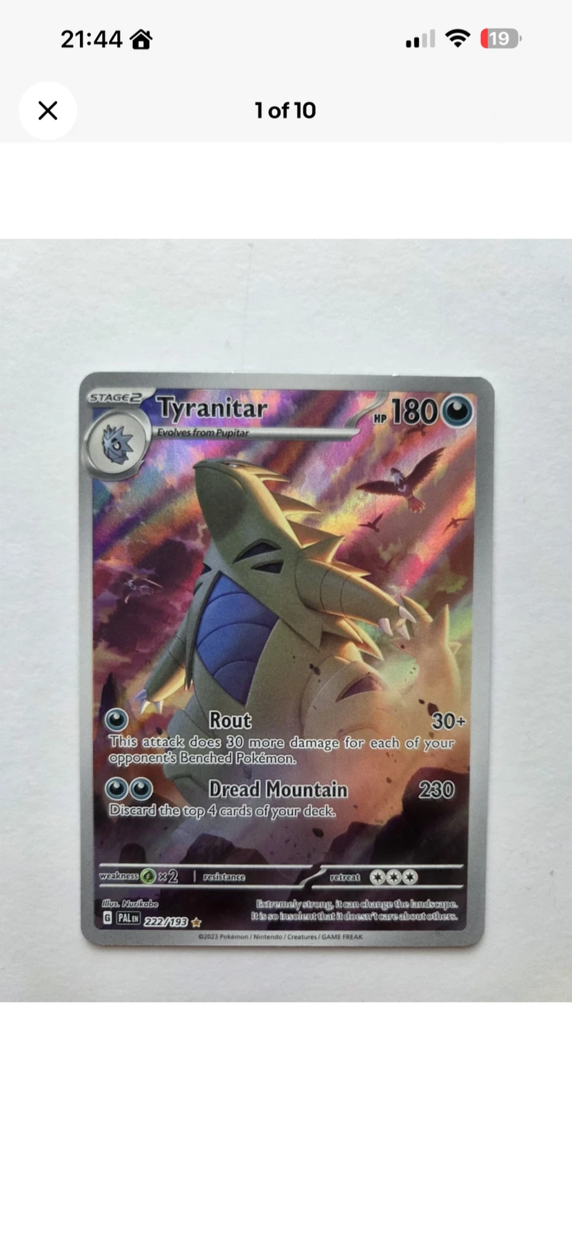 Tyranitar 222/193 Paldea Evolved front card photo in PokeToGrade pregrading report