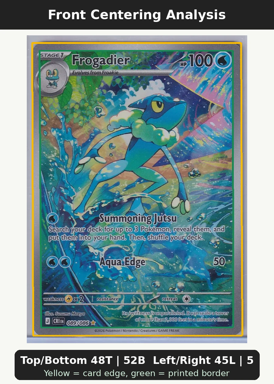 Frogadier 089/86 Chaos Rising front centering analysis showing Top/Bottom 48T | 52B and Left/Right 45L | 55R.